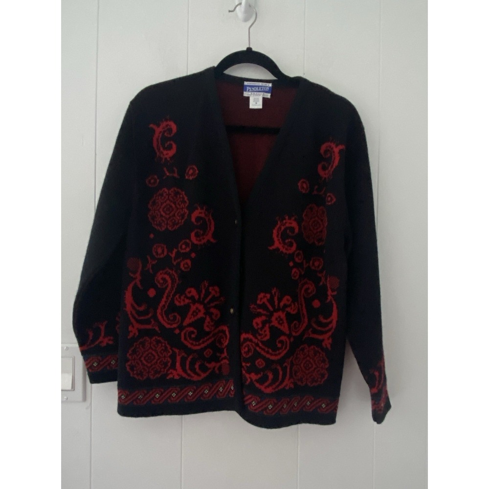 VTG Women's Pendleton‎ Black Red 100% Virgin Wool Vneck Cardigan Sweater Size PM